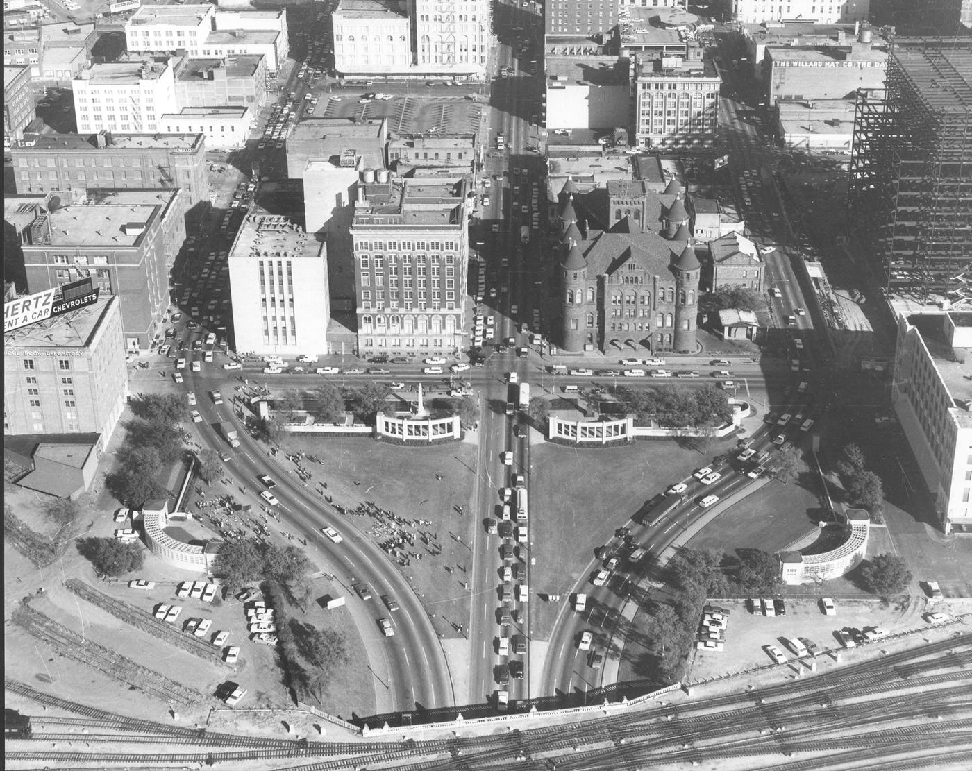 An aerial of triple underpass at Dealey Plaza, Dallas, Texas, 1963