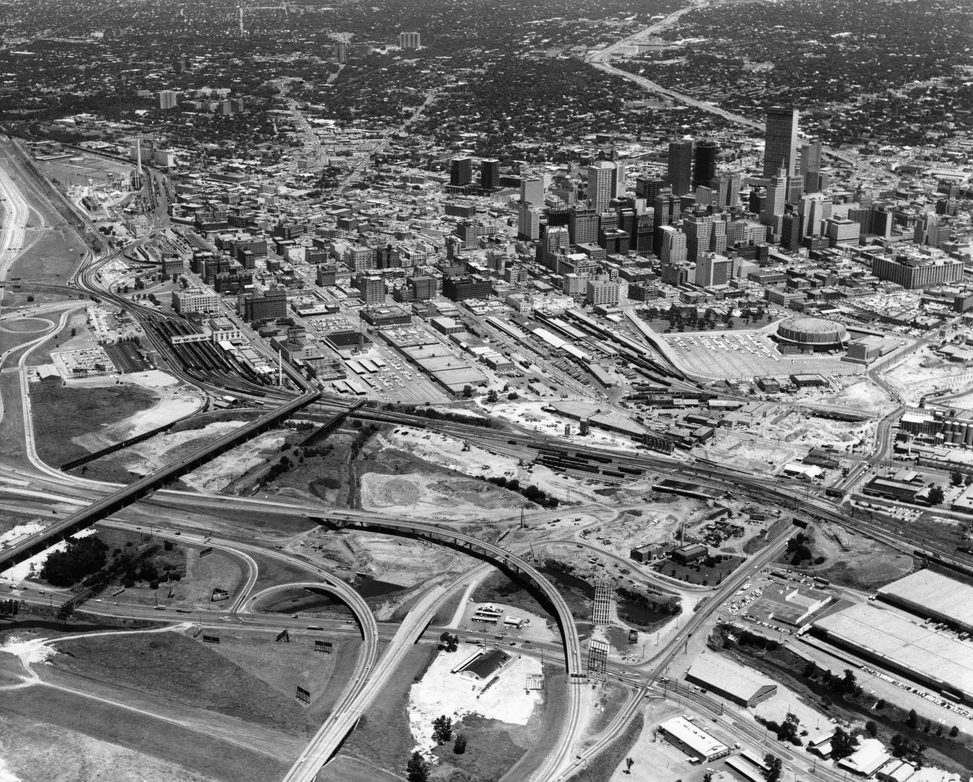 Aerial of downtown Dallas, Texas looking toward northeast from southwest, 1963