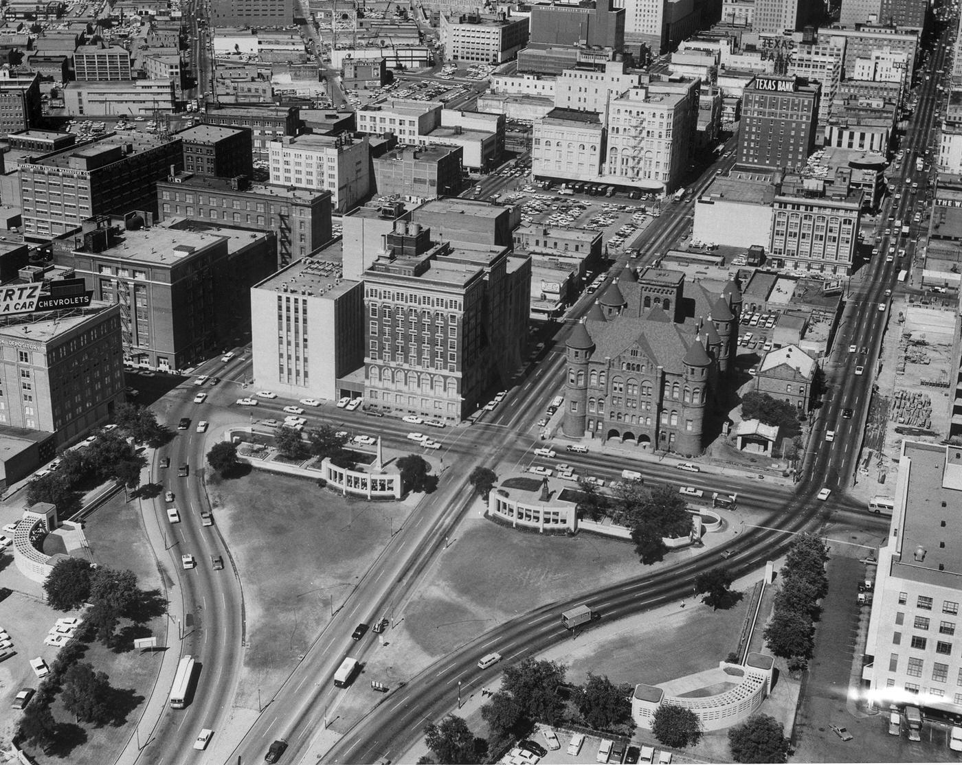 Aerial of downtown Dallas, Dealey Plaza and triple underpass, 1965