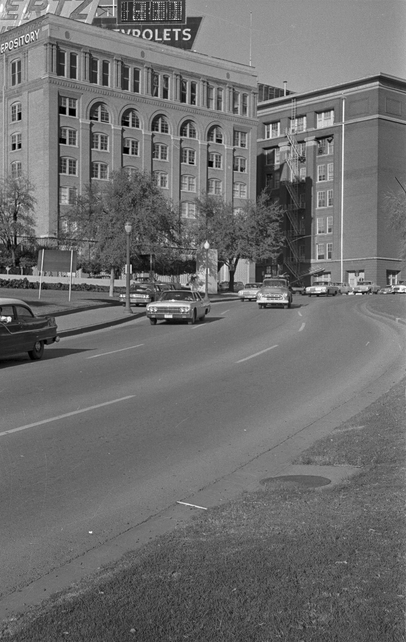 Looking toward Texas School Book Depository, Dealey Plaza, following John F. Kennedy assassination, 1963