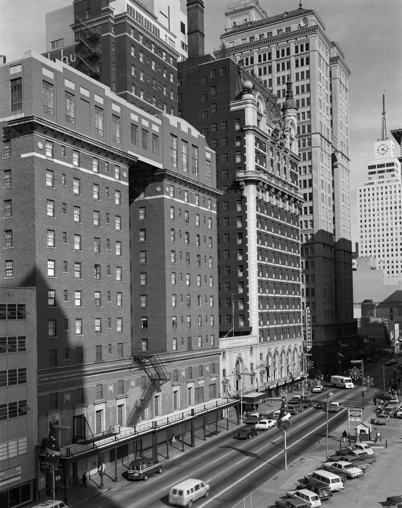 Various buildings, including the Adolphus Hotel and Magnolia in Downtown, Dallas, 1960s