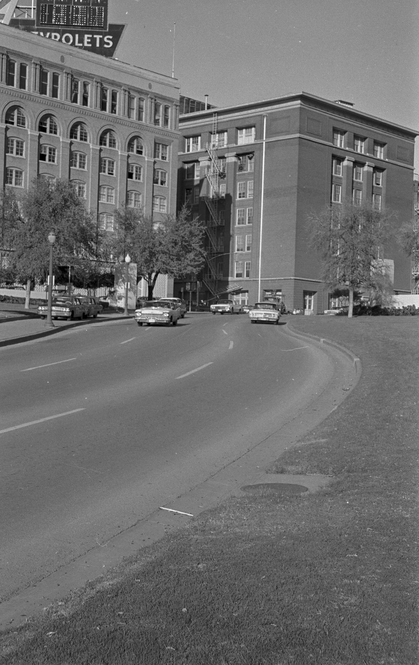 Looking toward Texas School Book Depository, Dealey Plaza, following John F. Kennedy assassination, 1963