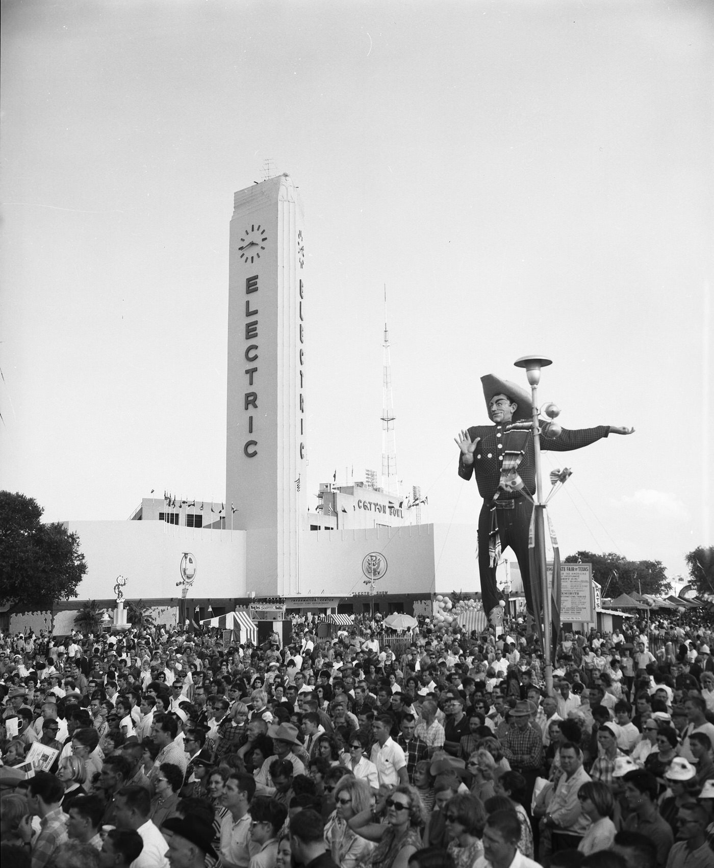 Electric Building and Big Tex, at the State Fair of Texas, Fair Park, Dallas, Texas, 1965
