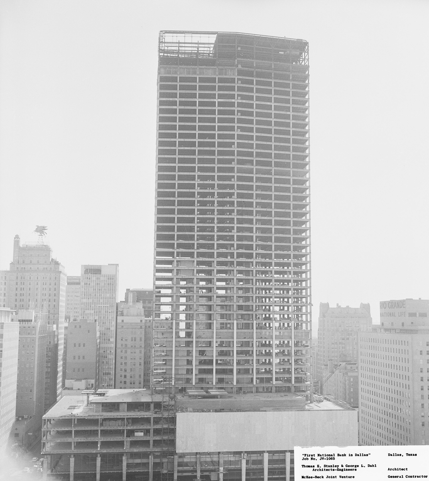 First National Bank building under construction, aerial view, downtown Dallas, 1964