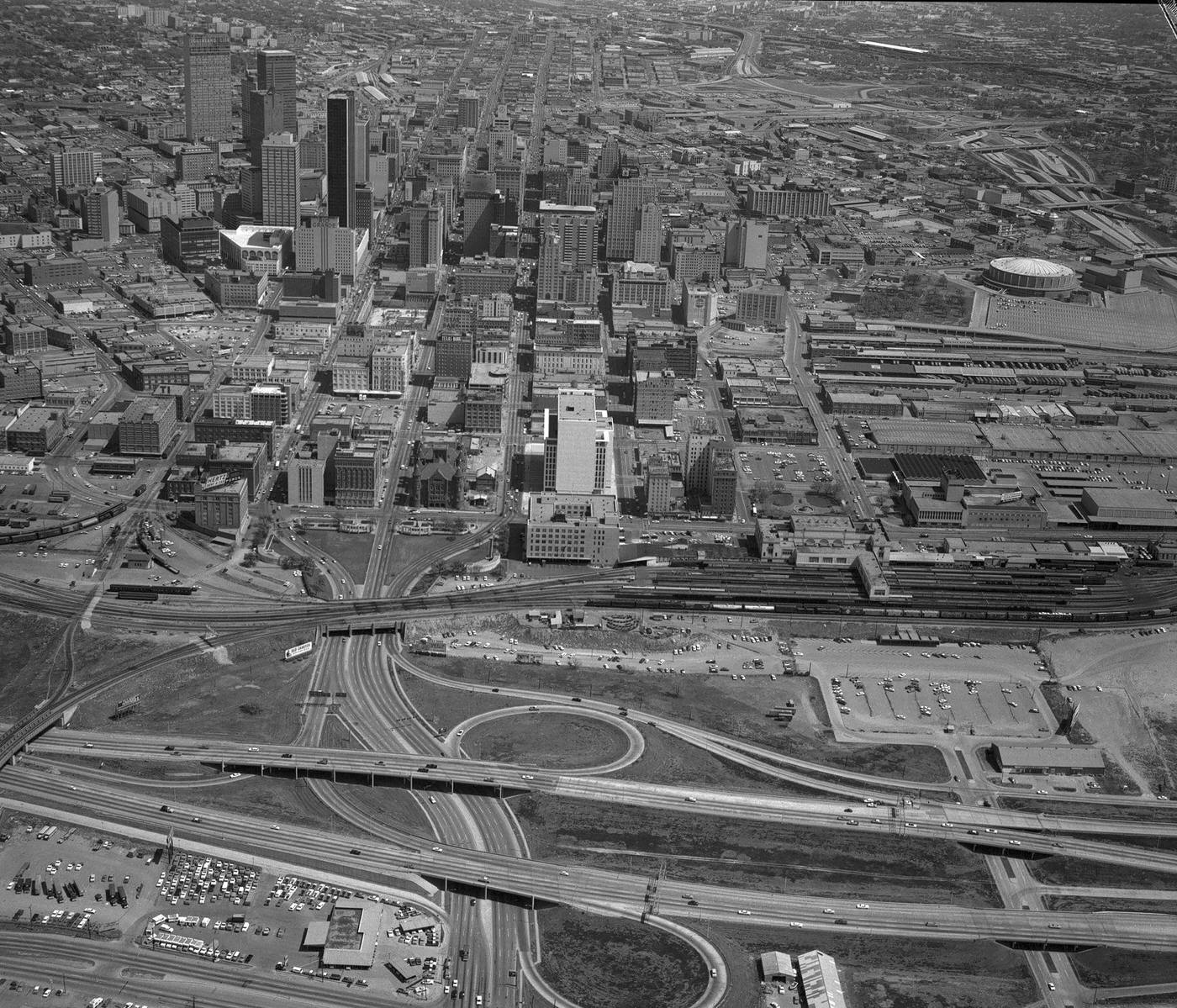Dallas, Texas skyline and triple underpass, 1966