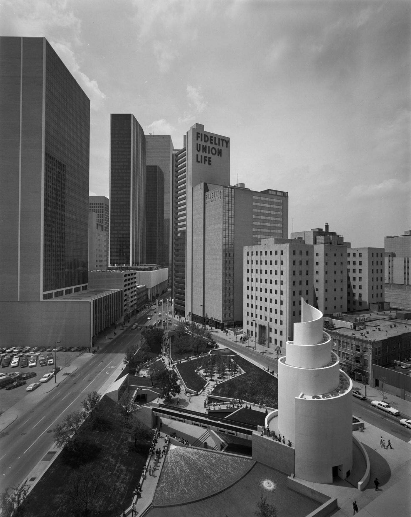 verview of Downtown Dallas, 1960s. The picture includes Thanksgiving Square and the Fidelity Union Life building.