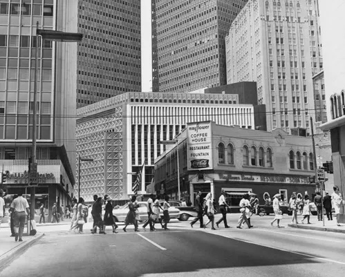 View of Downtown Dallas looking north on North Ervay Street, 1961