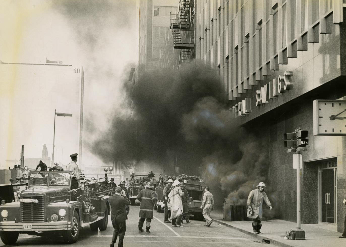 Smoke Pours From Dallas Federal Savings & Loan Building, 1964