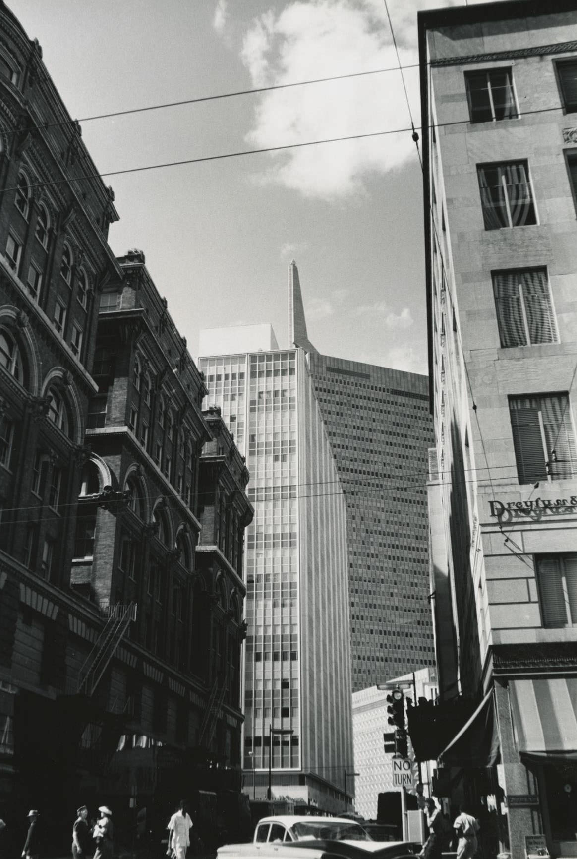 Low angle shot photograph from a street view of Downtown Dallas, 1960s