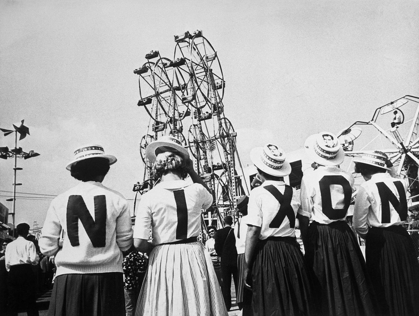 Leaving no doubt about their Presidential choice, these girls offer solid backing to GOP nominee Vice President Richard M. Nixon. The gals cast their spell at the State Fair of Texas in Dallas.