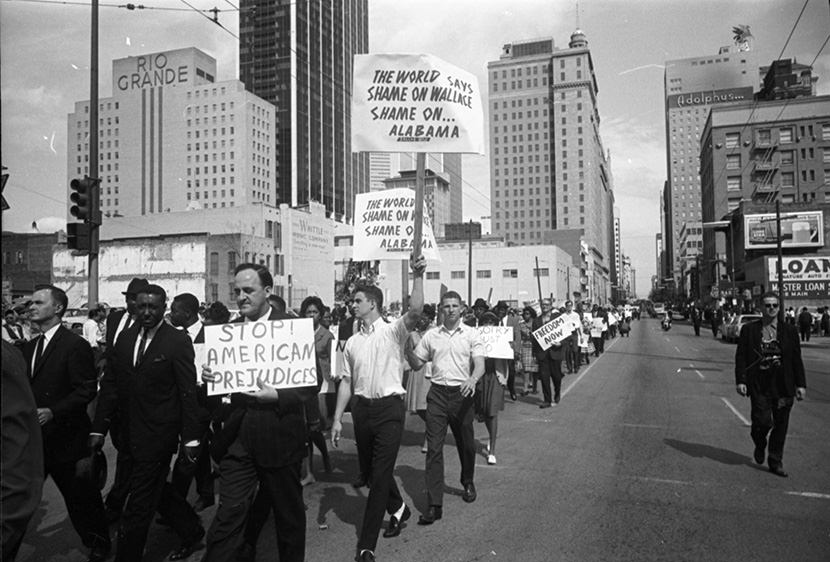 Civil rights march in Dallas with 2,500 marchers, supporting African American voter registration and protesting racial atrocities in Selma, Alabama, 1965
