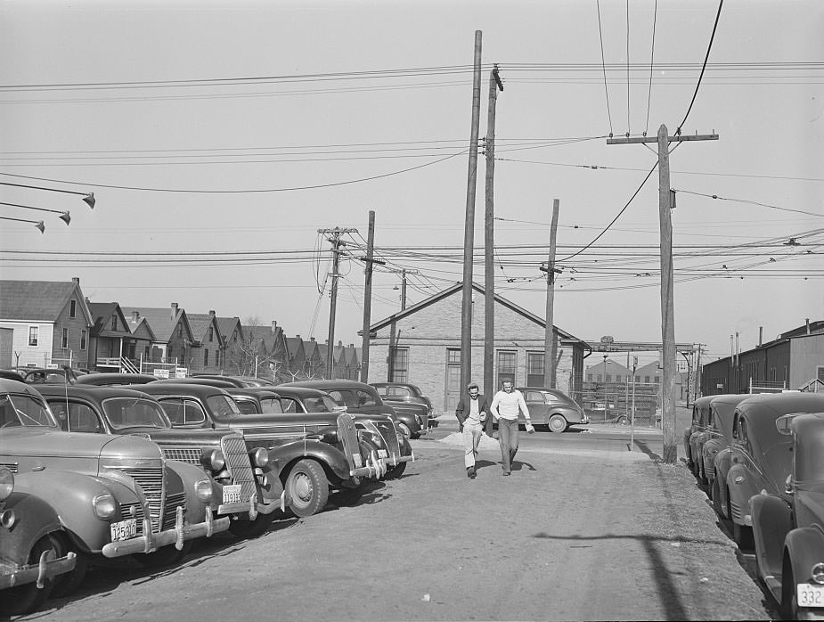 Workers' cars packed near shipyard. Newport News, Virginia, 1941