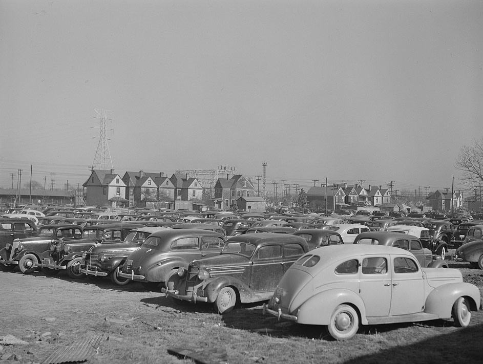Parked cars belonging to shipyard employees in Newport News, Virginia, 1941