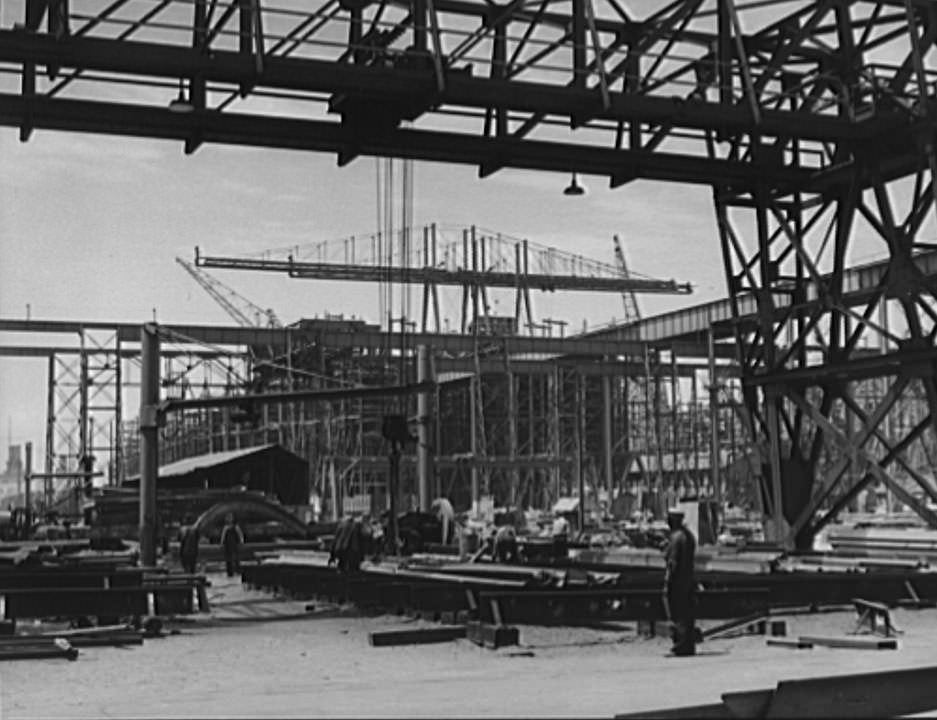 General shipyard scene, with ships under construction on ways in the background, 1941