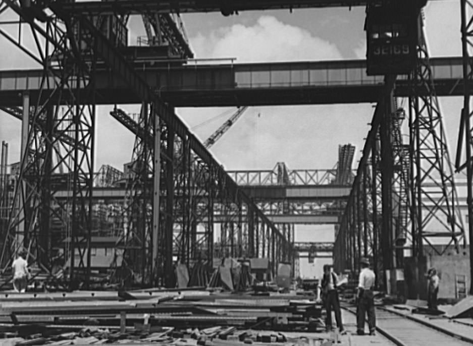 Shipyard at Newport News, showing overhead cranes, 1941