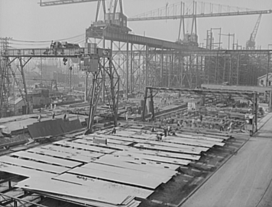 This is a structural section, where preliminary work is done before the sections for new vessels are brought by overhead carriers to the ways, 1941
