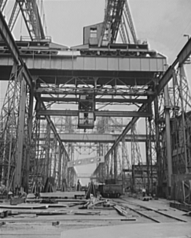 Here is a section of the huge building ways, large enough to permit construction of the largest of super-battleships, 1941