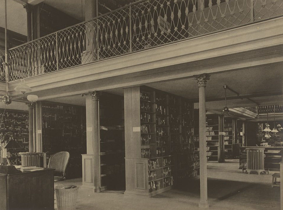 Alcoves and gallery in the book room, Brookline Public Library, 1903
