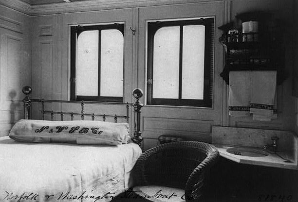 Interior view of steamboat cabin, 1906