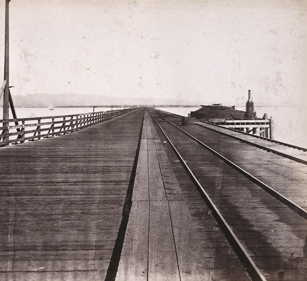 Railroad Pier, San Francisco Bay -- looking towards Oakland, 1863