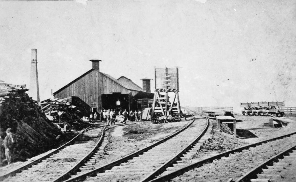 First terminus of the Transcontinental Railroad at foot of Pacific Ave., 1869