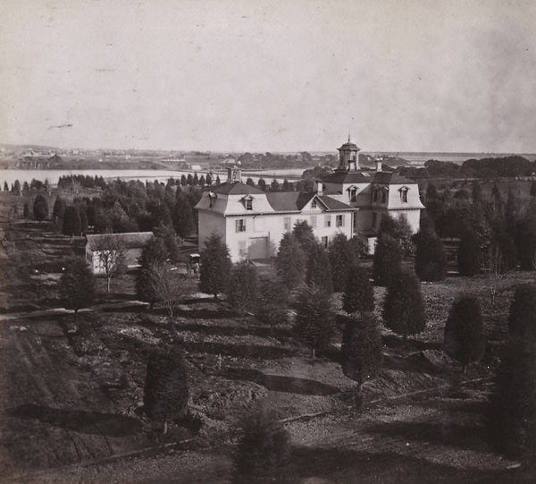 View from Jackson Street, looking East, showing Dr. Merritt's house and Lake, Oakland, 1864