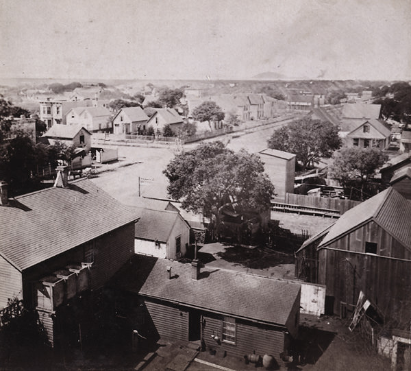 General View of Oakland, from Wilcox Block, looking S. W., Goat Island in the distance, 1862