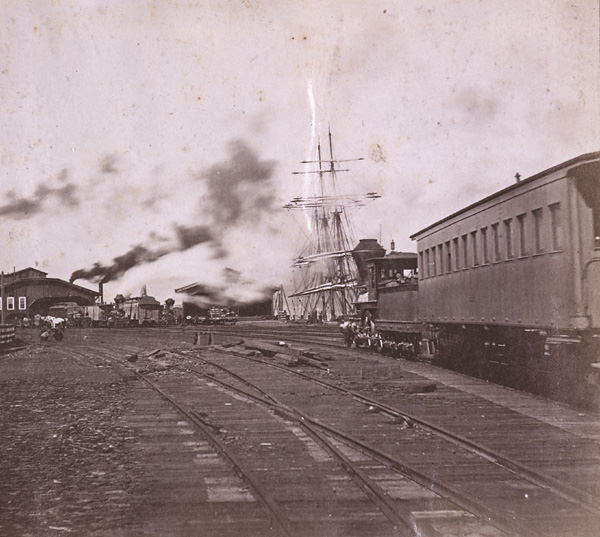 Arrival of the Ferry Steamers and Trains at the Terminus, 1863