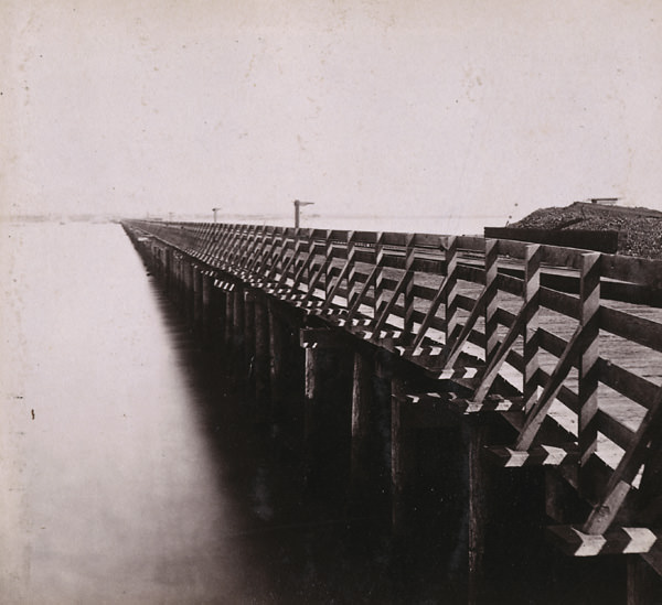 Railroad Pier, San Francisco Bay--looking towards Oakland, 1868