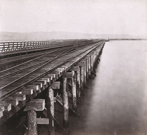 Western Pacific Railroad Pier, San Francisco Bay--looking from the Ferry landing towards Oakland, 1868