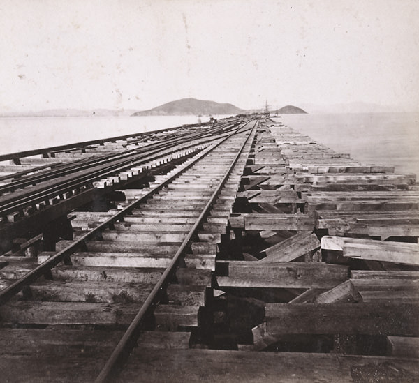 Western Pacific Railroad Pier, Goat Island and San Francisco in the distance, 1868