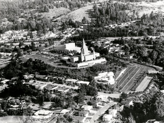 Aerial view of Church of Jesus Christ of Latter-Day Saints, Lincoln Avenue, 1970
