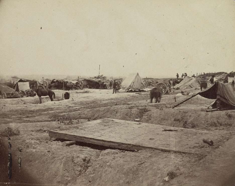 Interior view of Rebel fort in front of Petersburg works, manned by Cowan's Independent battery, 1st N.Y., 24th June, 1864