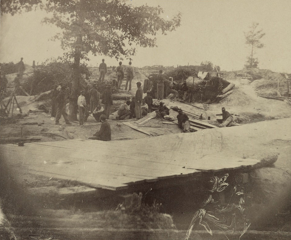 Part of Federal Line of Works showing bombproof tents occupied by U.S. Colored Troops in front of Petersburg. Aug. 7, 1864