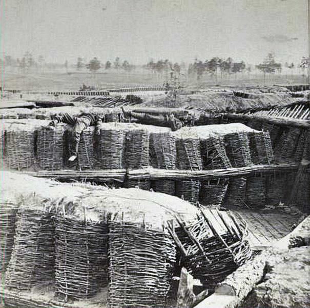 Chevaux de frise, and breast works in the Union fort Sedgwick, called by the Rebels "Fort Hell,", 1865