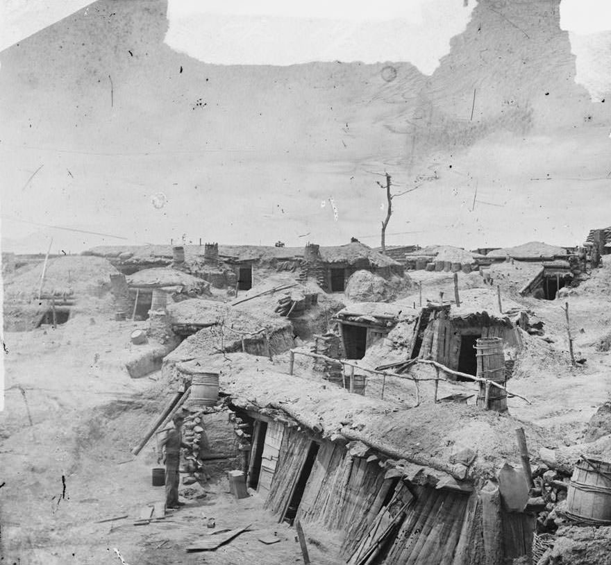 Interior of Fort Sedgwick, with bomb-proof quarters of garrison, 1865