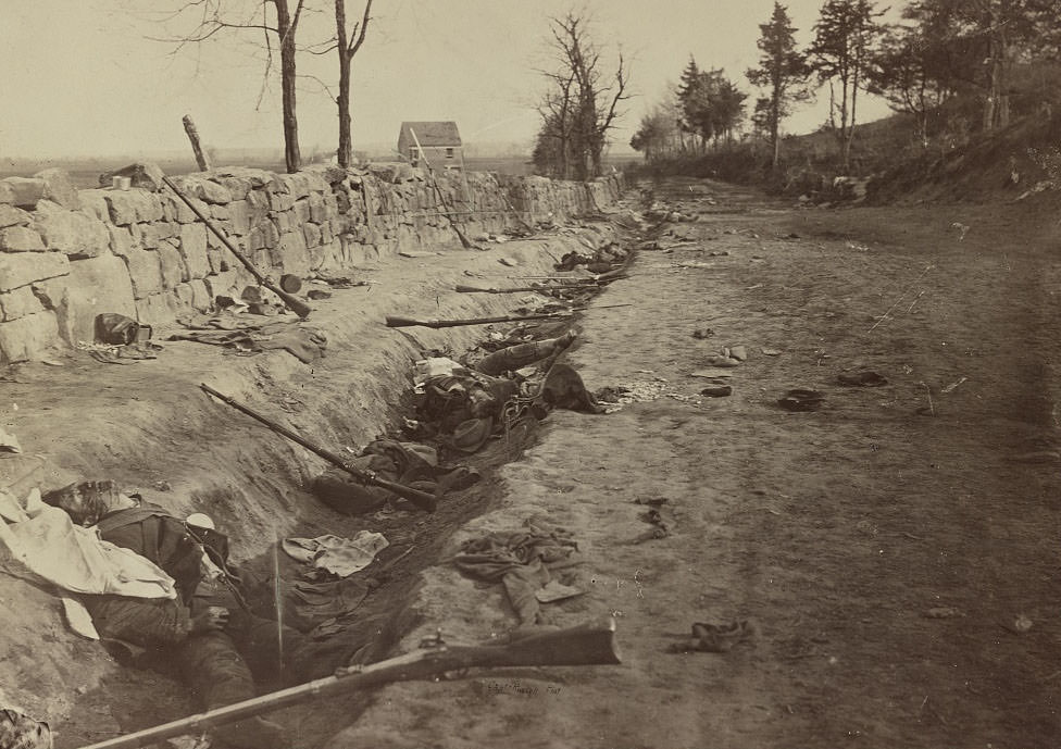 Stone wall at foot of Marye's Heights, Fredericksburg, Va. at the front carried by 6th Maine Infantry, May 3, 1863.