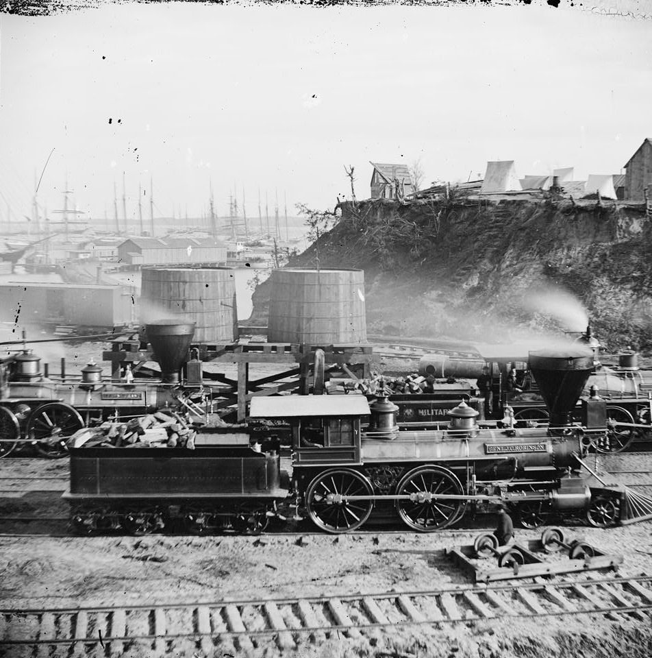 Gen. J.C. Robinson" and other locomotives of the U.S. Military Railroad, Petersburg, 1865