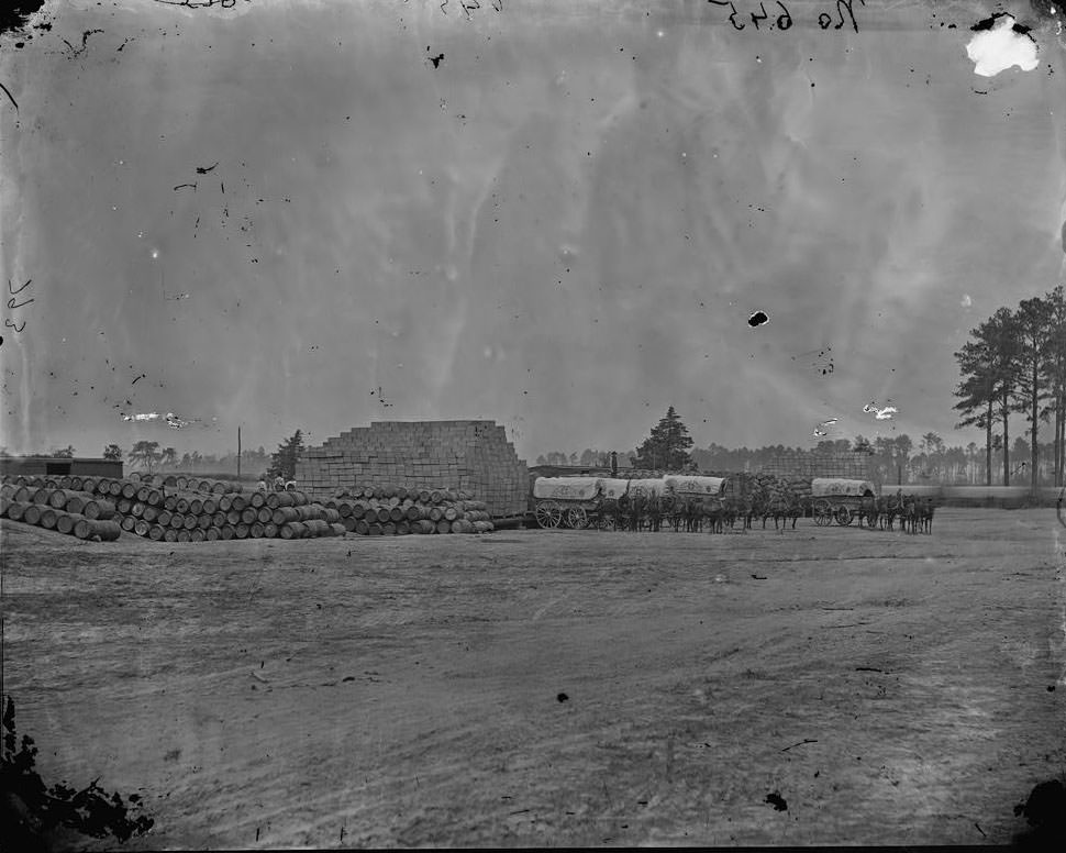 Cedar Level, Va. Commissary depot with supply train wagons, 1864