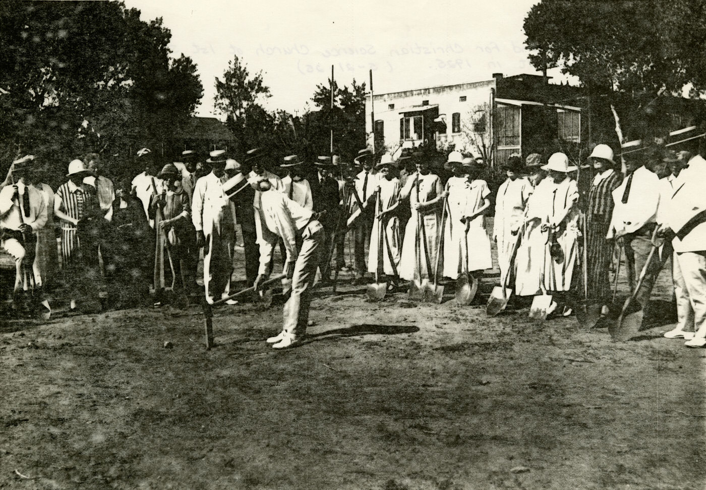 Groundbreaking for Christian Science Church, 1925. This church was located at First St. and Roosevelt in Phoenix.