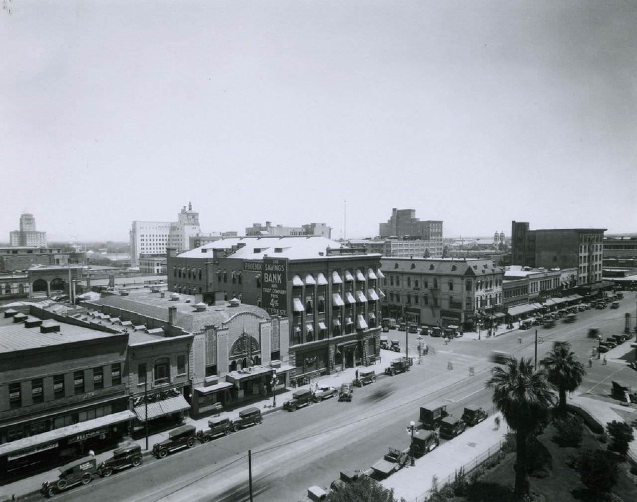 A skyline shot in 1929 of First Avenue and Washington, taken from the new City-County Building. The intersection shows the Fleming Building and the Monohon Building.