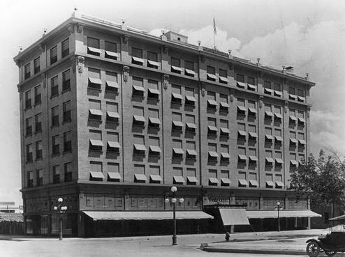 The Jefferson Hotel at Central and its namesake street. To the north is the Hotel Luhrs. Alfred Hitchcock panned across the building at the opening of "Psycho."