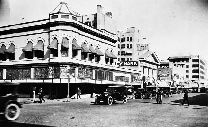 Adams and First Avenue looking northeast in the 1920s.