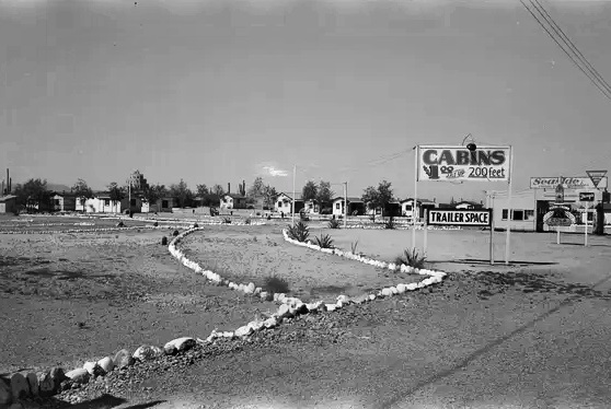 Trailer space and tourist cabins for rent in the tourist section of Phoenix, which was becoming a popular winter resort, as seen in April 1940.