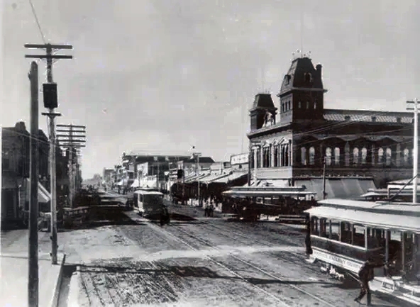 Washington Street, with Moses Sherman's trolleys, in 1907, as Phoenix begins to feel its oats as a progressive city in the Southwest.