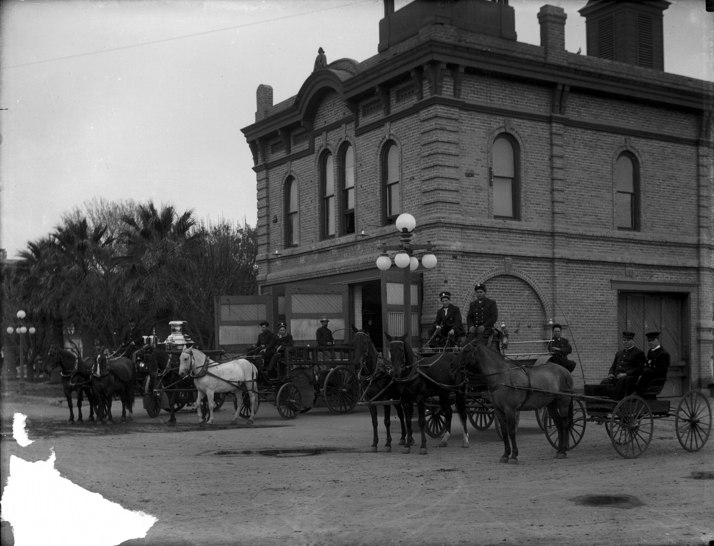 Horse Drawn Fire Wagon in Front of the Phoenix Fire Department, 1908