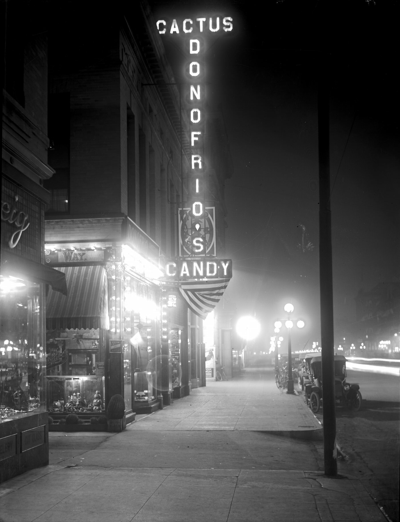 Donofrio's Candy Store at Night, 1917. This store was located on Washington Street in Phoenix.