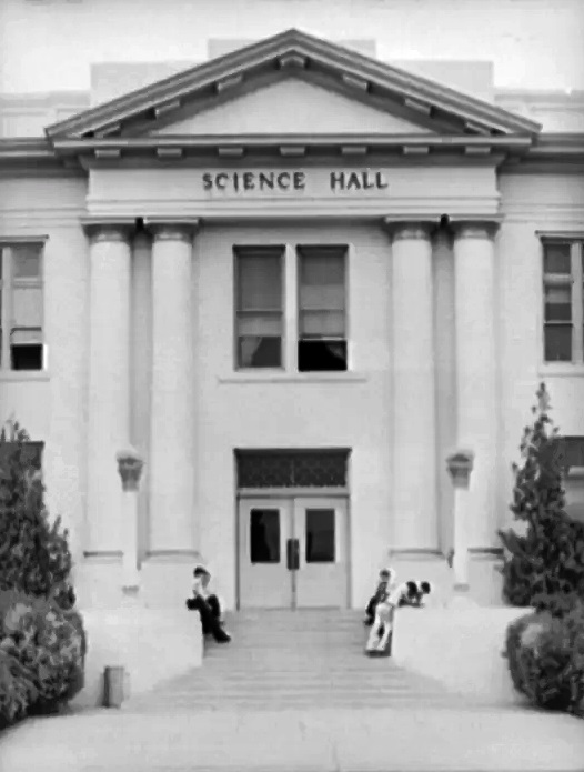 Students sit outside the entrance to Phoenix Union High School's science building in May 1940.