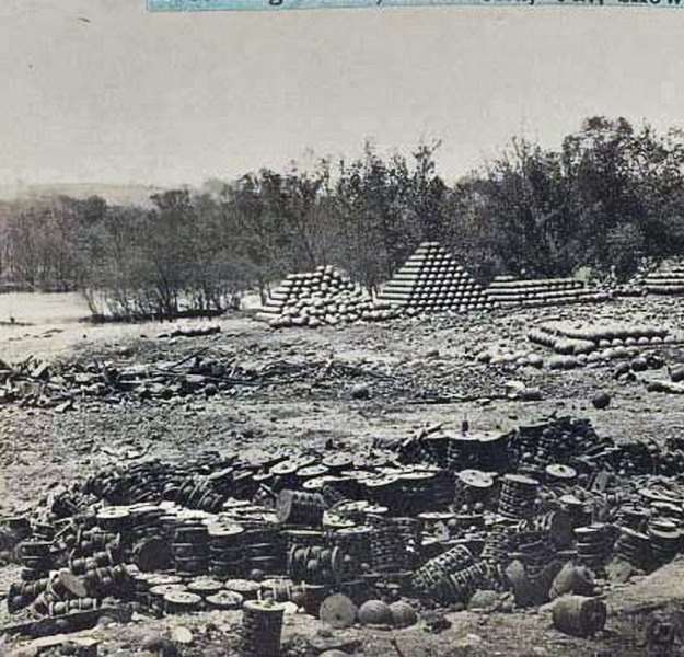 Arsenal grounds, Richmond, Va., showing ruins and shot and shell scattered around. 1865.