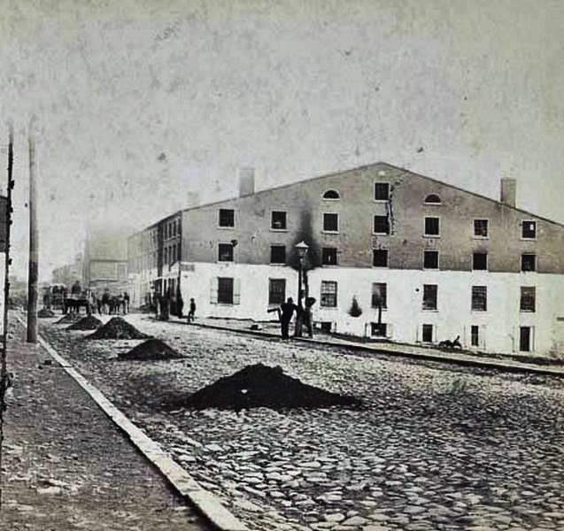 A street view of the Confederate military prison in Richmond, Virginia, 1865